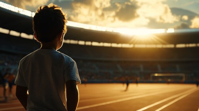 Aspiration on the Track: A young boy gazes towards the setting sun illuminating a stadium, hinting at dreams of future athletic glory.