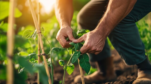 Farmer Tying Plant: A farmer's hands meticulously tie a young plant to a support stake in a sun-drenched garden, showcasing the dedication and care of cultivation.