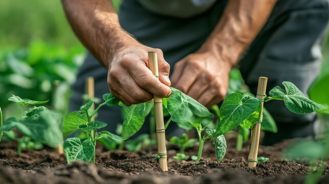 Gardener Tending Seedlings: A farmer's hands carefully support young green seedlings with small wooden stakes in fertile soil, symbolizing growth and nurturing.