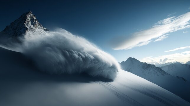 Snowstorm on the Mountain Slope: A dramatic snowstorm engulfs a rugged mountain slope under a clear blue sky, with powerful winds creating swirling clouds of snow.