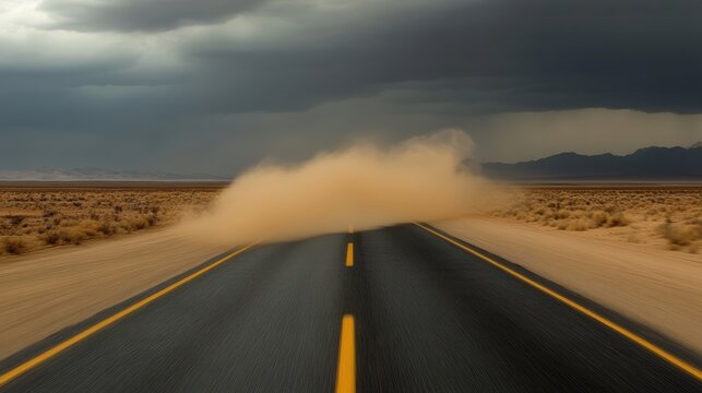 Desert Road Dust Storm: A solitary asphalt road cuts through an arid desert landscape, dramatically engulfed by a swirling dust storm under a turbulent, dark sky.