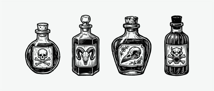 Set of four vintage potion bottles with skull labels, alchemy and magic apothecary theme
