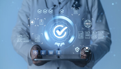 Naklejka na ściany i meble Medical quality assurance and healthcare compliance certification with digital checkmarks, documents, ISO standards, and clinical technology background.