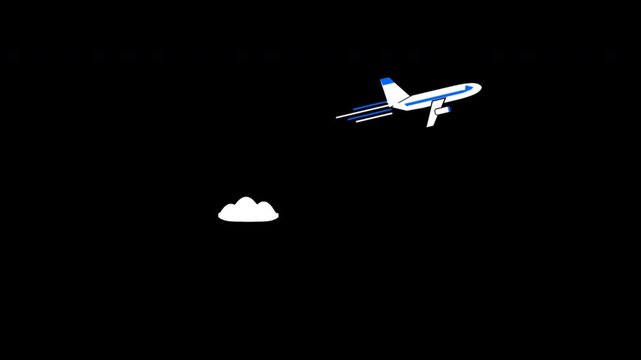 Passenger plane icon set taking off and landing on black background