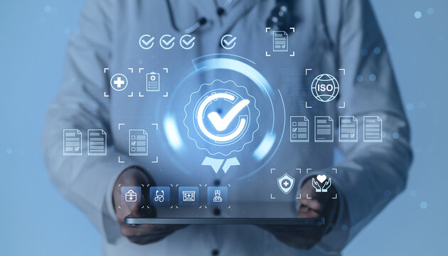 Medical quality assurance and healthcare compliance certification with digital checkmarks, documents, ISO standards, and clinical technology background.
