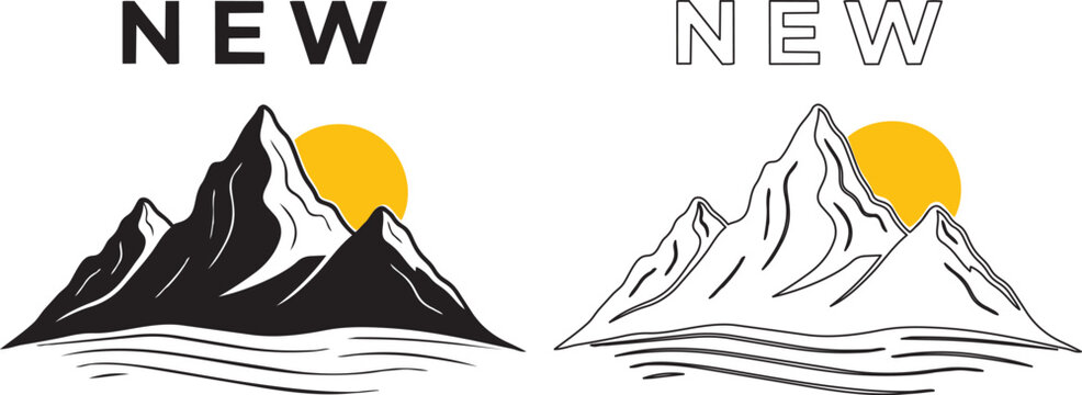 Two graphic styles of mountain range logos with yellow sun icons