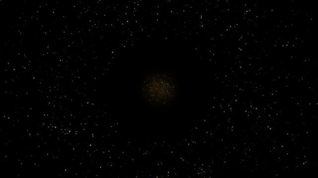 Golden particle shockwaves expanding in rings from the center on black in a seamless loop