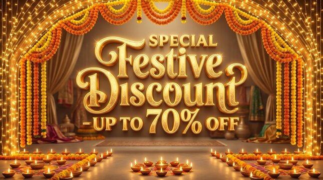 Special Festive Discount Up To 70 Percent Off Golden 3D Typography with Marigold Garlands and Diyas