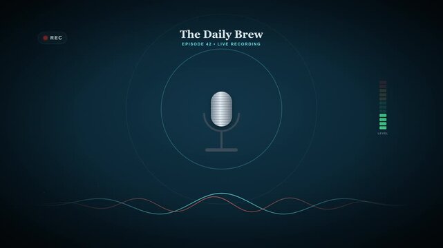 Podcast live recording screen interface with microphone icon sound waves and audio level meters in dark blue theme