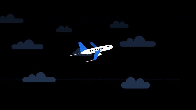 Passenger plane icon flying through dark clouds on black background