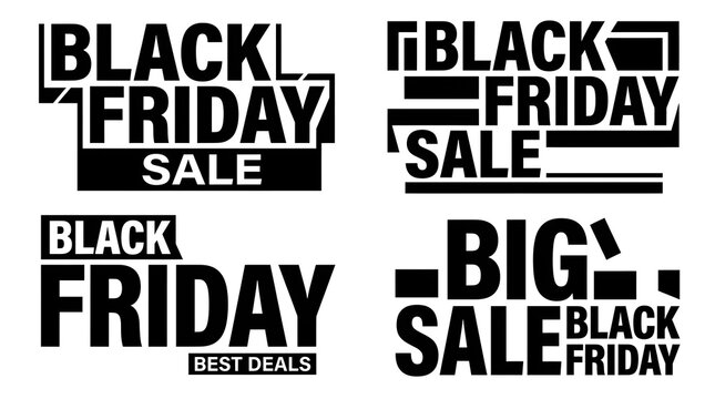 Black Friday Sale Typography Vector Set, Bold Black and White Lettering with Best Deals, Big Sale and Modern Geometric Banner Designs