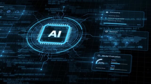 AI processor powering up, glowing artificial intelligence chip with cloud, data input and agent panels