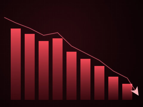 Declining stock market bar chart displaying financial loss, downward economic growth diagram with red arrow, business crisis concept