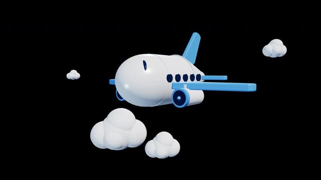Passenger plane icon flying through clouds on black background