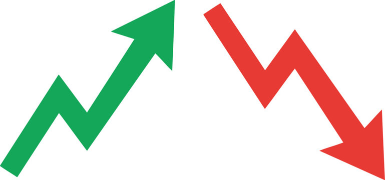 Green upward red downward jagged arrows contrasting growth decline on