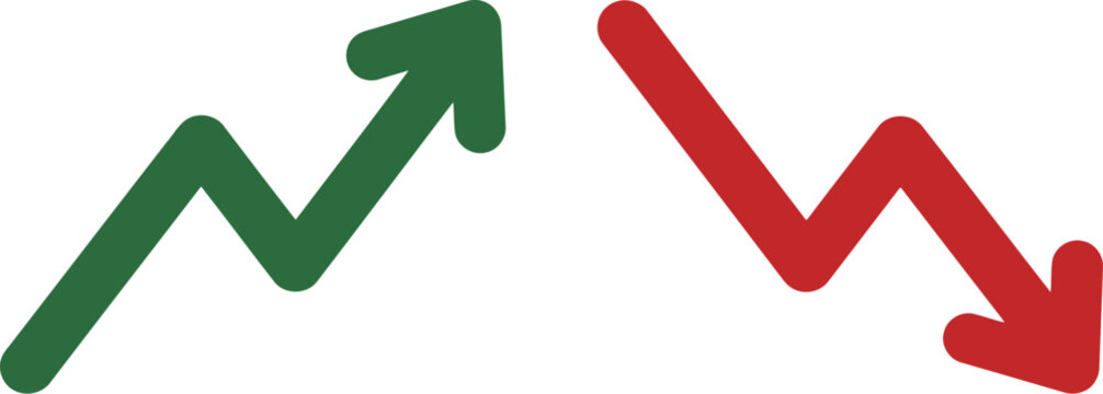 Green upward red downward zigzag arrows contrasting performance trends