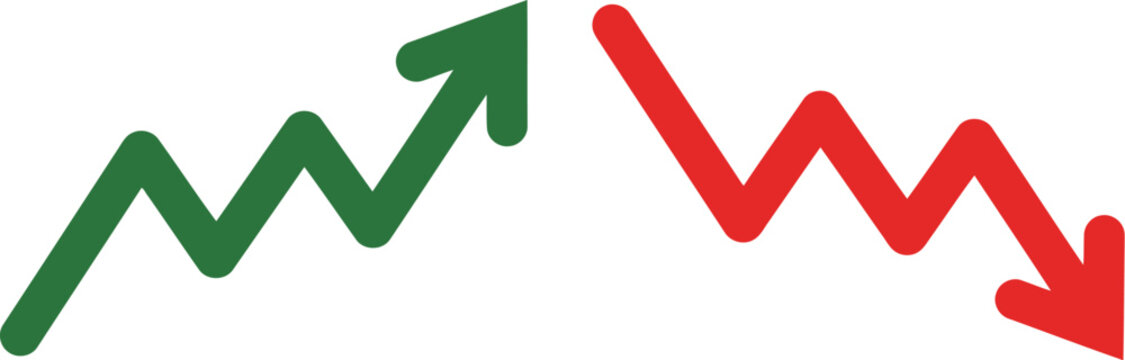 Green upward red downward zigzag arrows contrasting growth decline