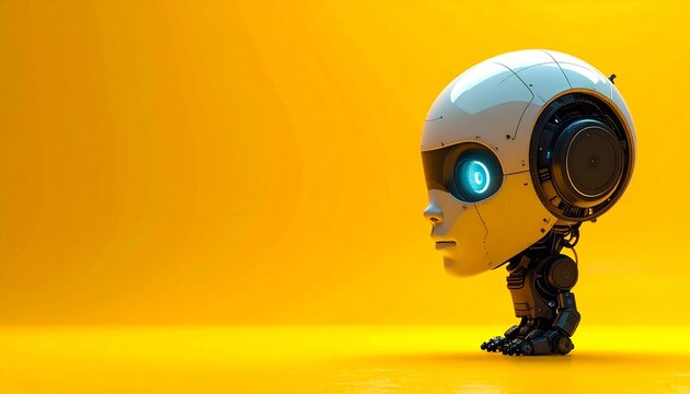 A futuristic humanoid robot in small head with robotic head on yellow background