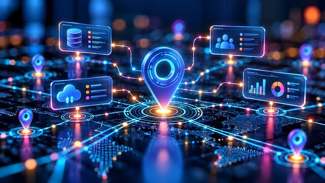 Global Digital Supply Chain And GPS Tracking Concept With Glowing Location Pins Connected To Data Dashboards On World Map