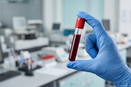Gloved hand holding a blood test tube in laboratory