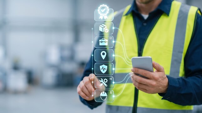 Industrial worker in safety vest using mobile phone to interact with holographic icons for smart factory management and operational safety monitoring in modern warehouse