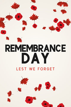 Remembrance Day commemorative background, red poppy flowers and maple leaves, Lest We Forget vector banner concept