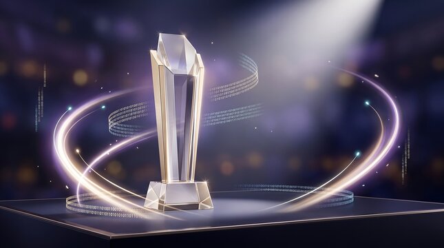 Tall crystal trophy with glowing binary data stream on pedestal in dark arena representing elite performance and technological dominance in competitive business and industry markets