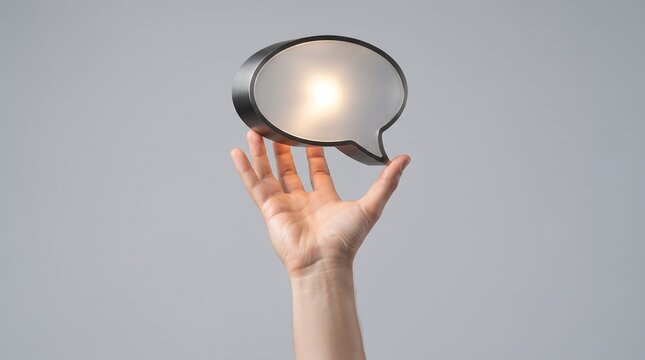 Hand holding illuminated speech bubble lamp against a neutral gray background concept of communication