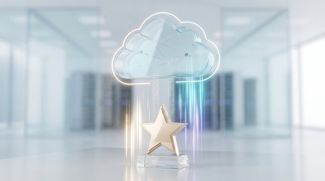 Glass cloud and gold star award sculpture on clean surface with glowing digital data streams and blurred server room background representing high performance cloud computing 3d rendering