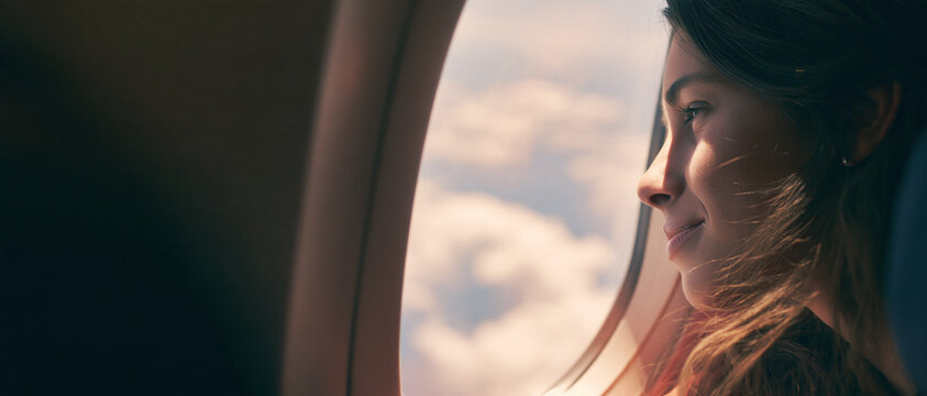 Young Hispanic woman passenger looking out airplane cabin window at clouds. Close up profile of female traveler during flight. Travel and tourism concept with copy space for airline marketing