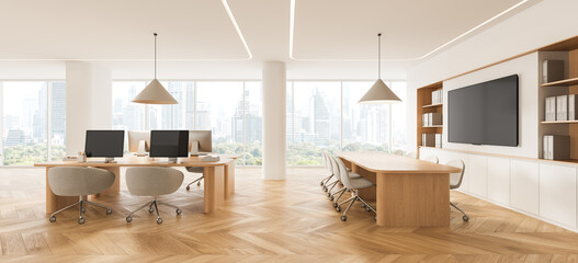 Plakat Contemporary open plan office interior with desks, meeting table, panoramic city skyline, natural wood furniture, and elegant modern design. 3D Rendering