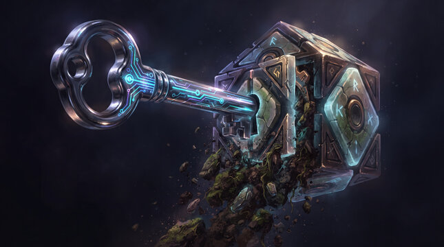 Ancient metal key with glowing circuit patterns unlocking a mysterious stone puzzle box floating above rich soil