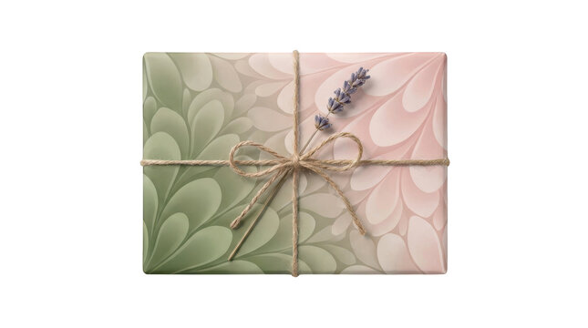Gift box wrapped in floral pattern paper with twine and lavender sprig isolated on transparent background