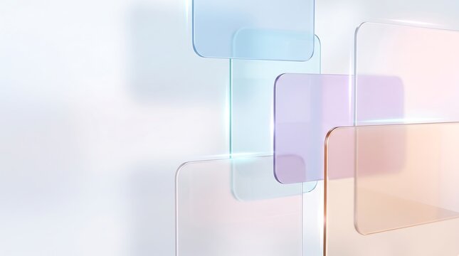 Minimalist composition of colorful pastel glass rectangles arranged in overlapping layers against a clean white background perfect for modern user interface and UI design inspiration
