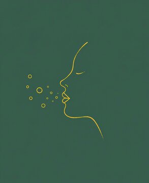 Minimalist line art woman breathing with bubbles on dark green background for wellness concept