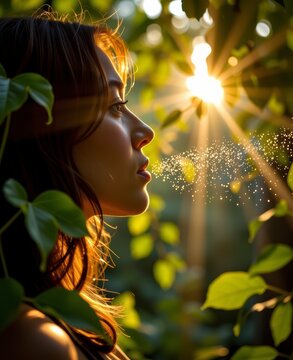 Woman in nature breathing magic particles with sunlight and greenery background