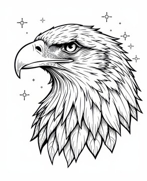 Detailed eagle head illustration in black and white with cosmic stars for education or knowledge background