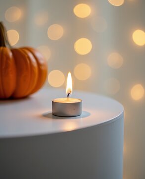 Candles Tea Light in Calm Cozy Setting with Pumpkin for Autumn Decor