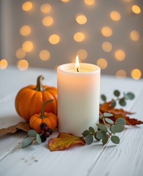 Elegant candle with autumn pumpkins and leaves for cozy fall decor background