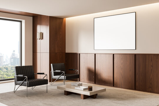 Modern wood-paneled interior with empty framed poster mockup, lounge chairs, cabinet wall, and city view in a refined office setting. 3D Rendering