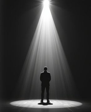 Businessman Standing Under Spotlight in Dark Background for Leadership Concept