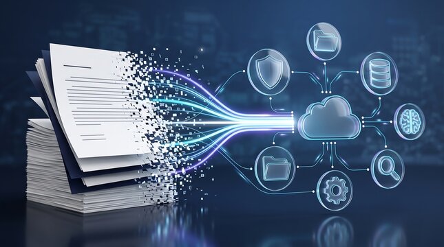 Data migration and cloud integration concept visualizing physical paperwork being converted into secure digital folders with artificial intelligence and storage icons in background