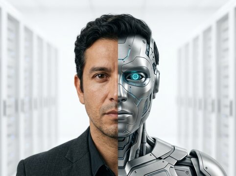 Split-image showing half human face and half robotic face in a server room.