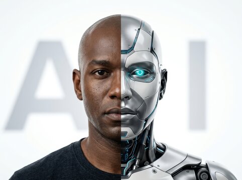 Image shows a human face merging with a robotic AI counterpart, symbolizing technology integration.