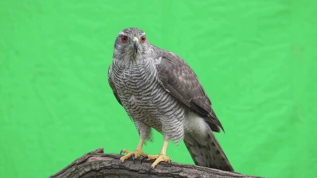 Northern Goshawk Fierce, tense perched posture in place with periodic grip shifting, sudden head jerks, and feathers fluffing along its heavily barred chest.