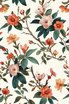 Colorful Vintage Floral Wallpaper with Retro Flowers, Decorative Leaves and a Cheerful Nostalgic Botanical Design