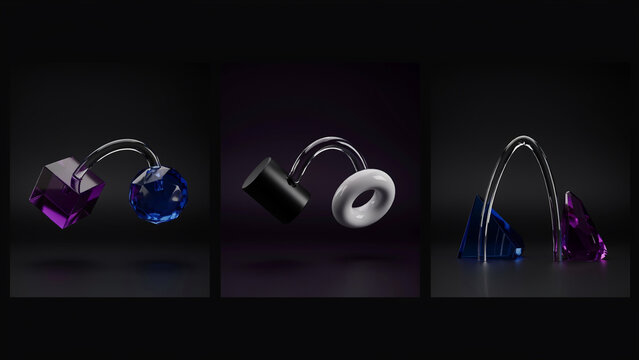 Three abstract compositions featuring glass and metallic geometric shapes connected by curved transparent tubes against a dark, moody studio