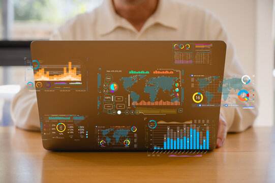 investment financial concept Business finance data analytics graph.Financial management technology.Advisor using KPI Dashboard on virtual screen, man using computer laptop working with data charts