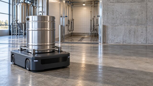 Mobile Robot Delivers a Steel Keg to a Brewery Wash Bay for Logistics Automation