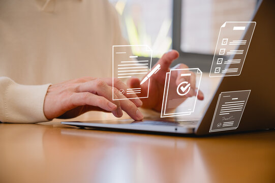Man hands typing on computer keyboard, Document data system Report HR technology Concept Manager checking white documents reports papers of files icon in modern office